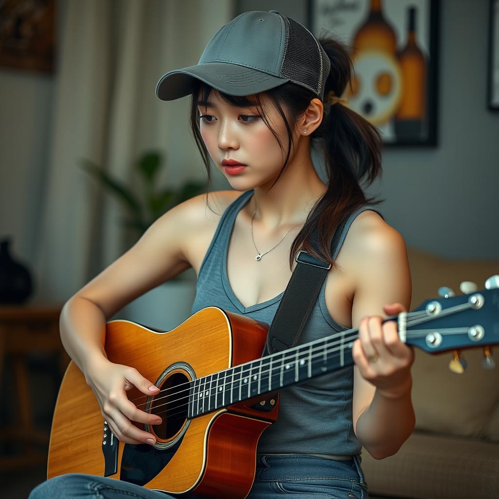 A beautiful Korean woman with a sad expression playing an acoustic guitar, showcasing her ponytail hairstyle tucked under a sporty hat