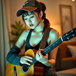 A beautiful Korean woman with a sad expression playing an acoustic guitar, showcasing her ponytail hairstyle tucked under a sporty hat