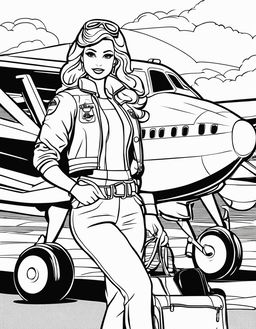 Black and white colouring book page featuring Barbie as a pilot in front of an airplane.