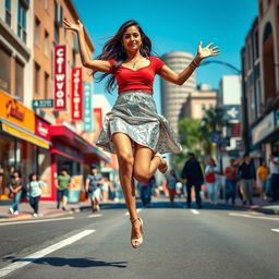 A lively urban street scene featuring an Indian aunty gracefully levitating above the road