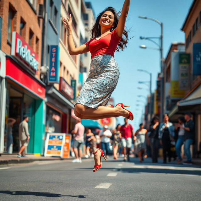 A lively urban street scene featuring an Indian aunty gracefully levitating above the road