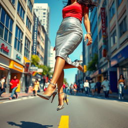 A lively urban street scene featuring an Indian aunty gracefully levitating above the road
