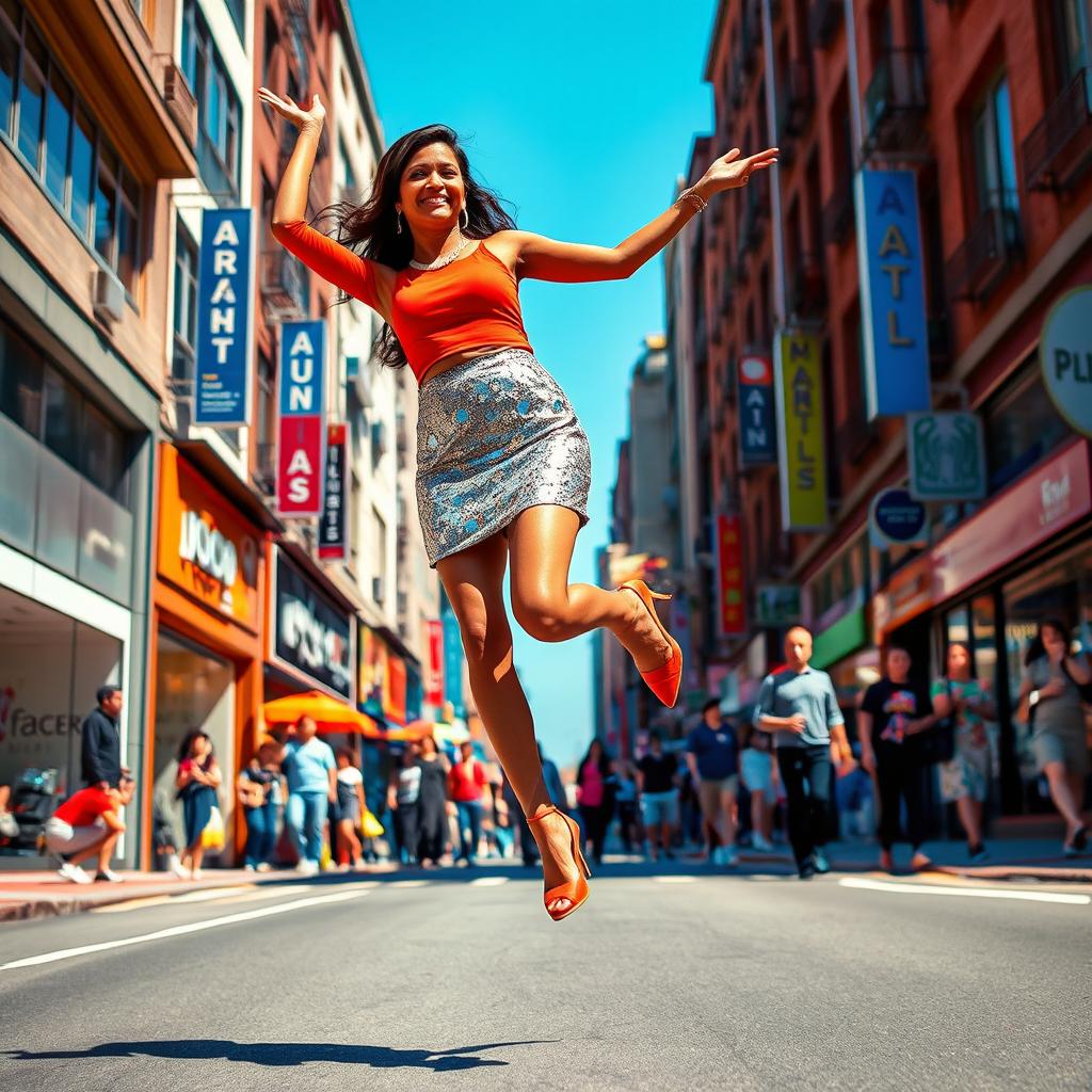 A lively urban street scene featuring an Indian aunty gracefully levitating above the road