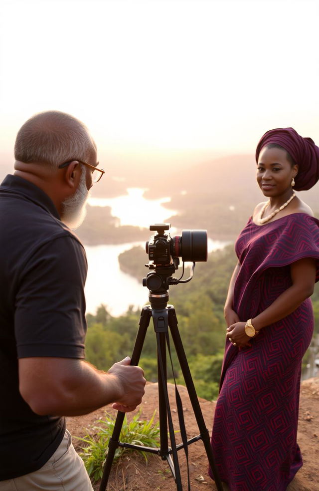 A middle-aged Black man with a beard and spectacles is set up with a video camera on a tripod, capturing the stunning view from a hilltop