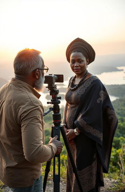 A middle-aged Black man with a beard and spectacles is set up with a video camera on a tripod, capturing the stunning view from a hilltop