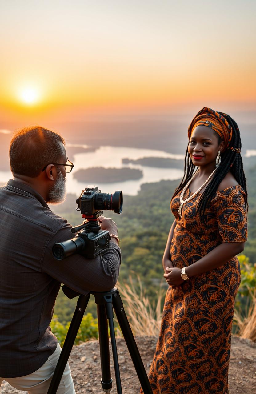 A middle-aged Black man with a beard and spectacles is set up with a video camera on a tripod, capturing the stunning view from a hilltop