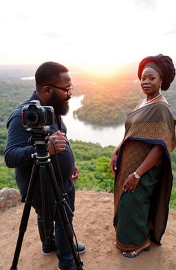 A middle-aged Black man with a beard and spectacles is set up with a video camera on a tripod, capturing the stunning view from a hilltop