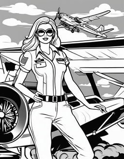 Black and white colouring book page featuring Barbie as a pilot in front of an airplane.