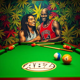 An engaging billiards scene featuring a classic green felt pool table adorned with colorful billiard balls and cues, prominently displaying the ABZ logo integrated into the design