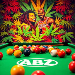 An engaging billiards scene featuring a classic green felt pool table adorned with colorful billiard balls and cues, prominently displaying the ABZ logo integrated into the design