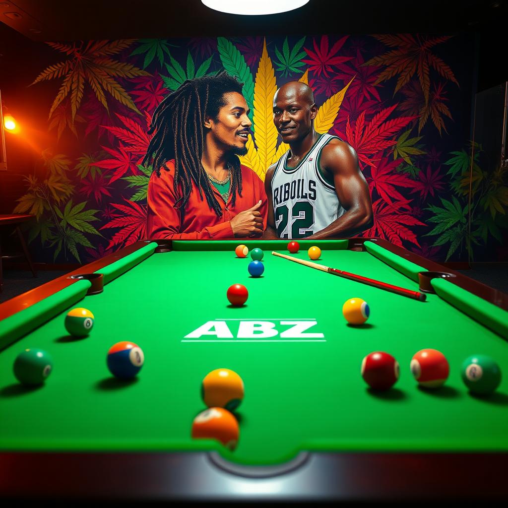 An engaging billiards scene featuring a classic green felt pool table adorned with colorful billiard balls and cues, prominently displaying the ABZ logo integrated into the design