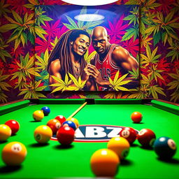 An engaging billiards scene featuring a classic green felt pool table adorned with colorful billiard balls and cues, prominently displaying the ABZ logo integrated into the design