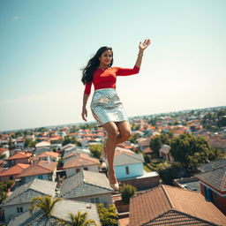 A captivating aerial view of a neighborhood with houses below, showcasing an Indian aunty levitating confidently above the rooftops