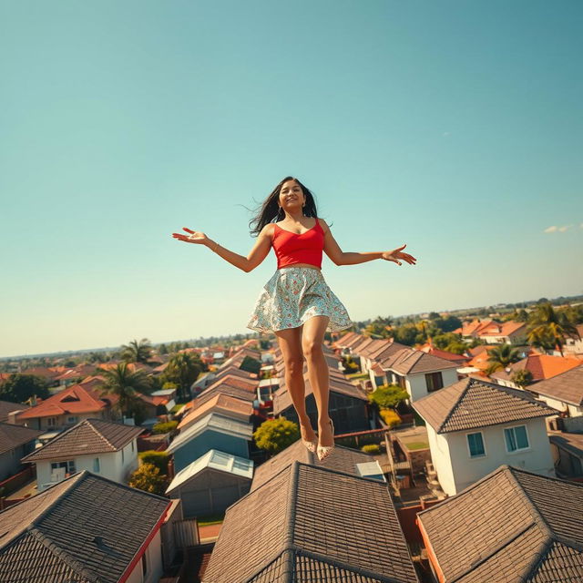 A captivating aerial view of a neighborhood with houses below, showcasing an Indian aunty levitating confidently above the rooftops