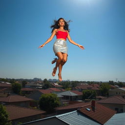 A captivating aerial view of a neighborhood with houses below, showcasing an Indian aunty levitating confidently above the rooftops