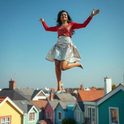 A whimsical scene capturing an Indian aunty floating gracefully above a neighborhood of houses
