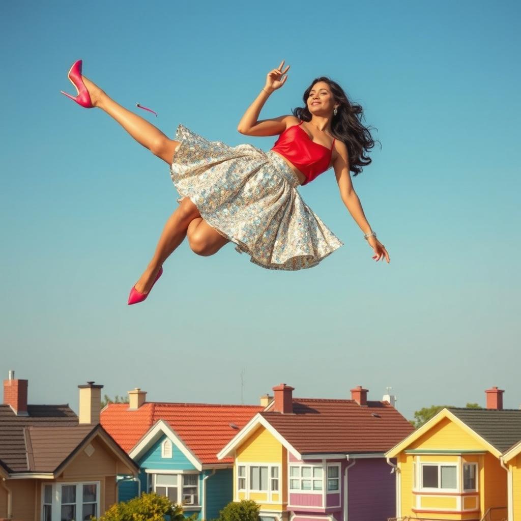 A whimsical scene capturing an Indian aunty floating gracefully above a neighborhood of houses