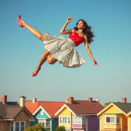 A whimsical scene capturing an Indian aunty floating gracefully above a neighborhood of houses