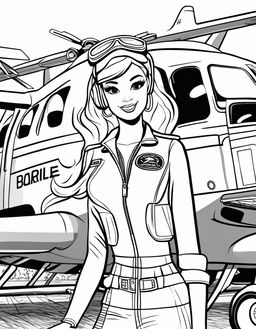 Black and white colouring book page featuring Barbie as a pilot in front of an airplane.