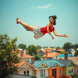 A whimsical scene capturing an Indian aunty floating gracefully above a neighborhood of houses