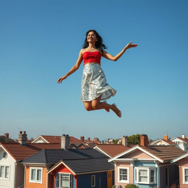 A whimsical scene capturing an Indian aunty floating gracefully above a neighborhood of houses