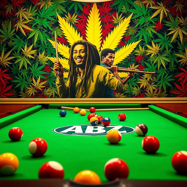 An exciting billiards scene featuring a classic green felt pool table filled with colorful billiard balls and cues, prominently displaying the ABZ logo in a stylish design