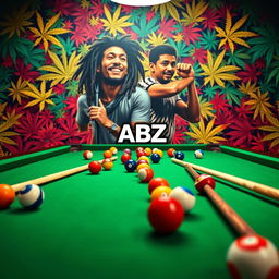 An exciting billiards scene featuring a classic green felt pool table filled with colorful billiard balls and cues, prominently displaying the ABZ logo in a stylish design