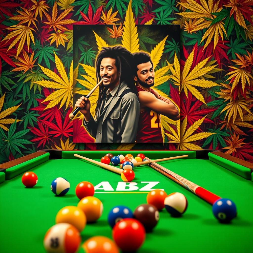 An exciting billiards scene featuring a classic green felt pool table filled with colorful billiard balls and cues, prominently displaying the ABZ logo in a stylish design