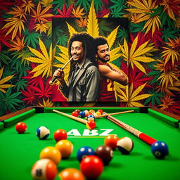 An exciting billiards scene featuring a classic green felt pool table filled with colorful billiard balls and cues, prominently displaying the ABZ logo in a stylish design