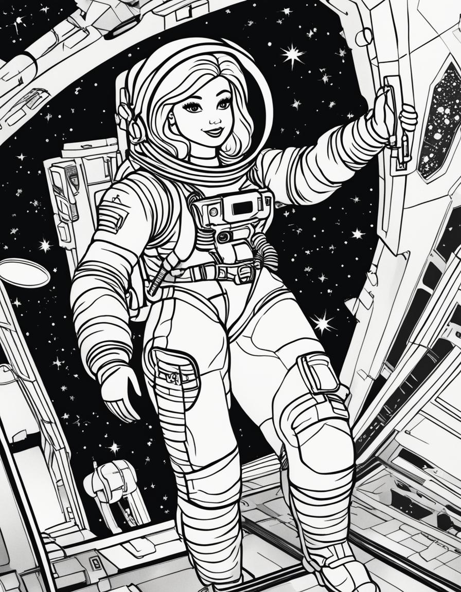 Black and white colouring book page featuring Barbie as an astronaut in a space setting.