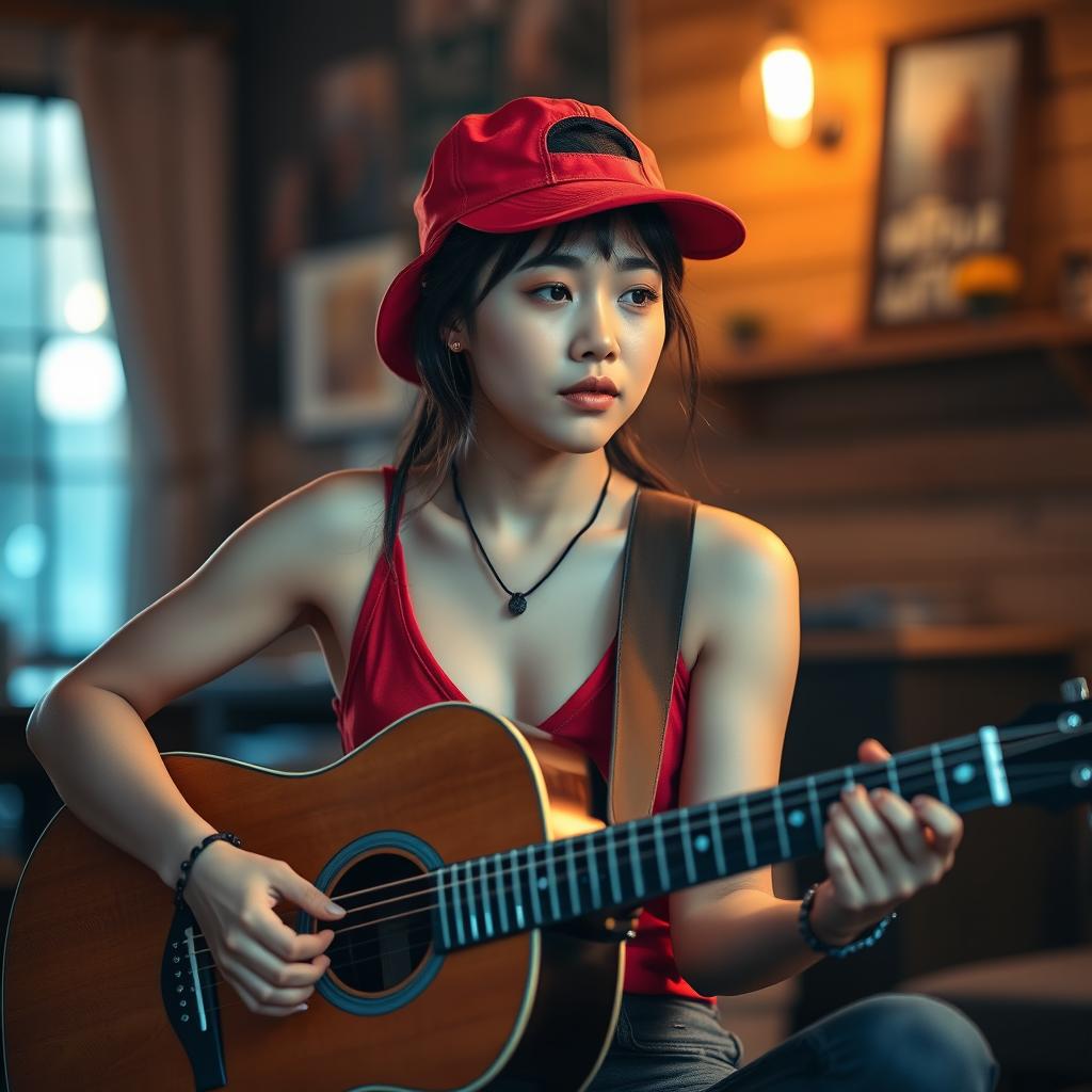 A beautiful Korean woman with a sad expression playing an acoustic guitar, wearing a vibrant red sporty hat