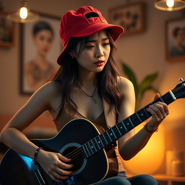 A beautiful Korean woman with a sad expression playing an acoustic guitar, wearing a vibrant red sporty hat