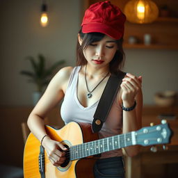 A beautiful Korean woman with a sad expression playing an acoustic guitar, wearing a vibrant red sporty hat