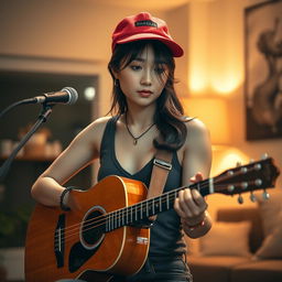 A beautiful Korean woman with a sad expression playing an acoustic guitar, wearing a vibrant red sporty hat
