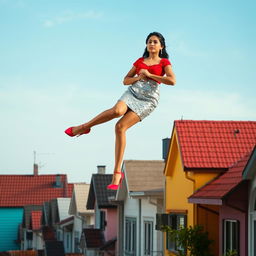 An enchanting scene depicting an Indian aunty gracefully levitating above a row of houses
