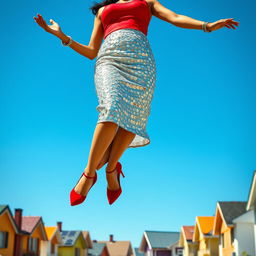 An enchanting scene depicting an Indian aunty gracefully levitating above a row of houses