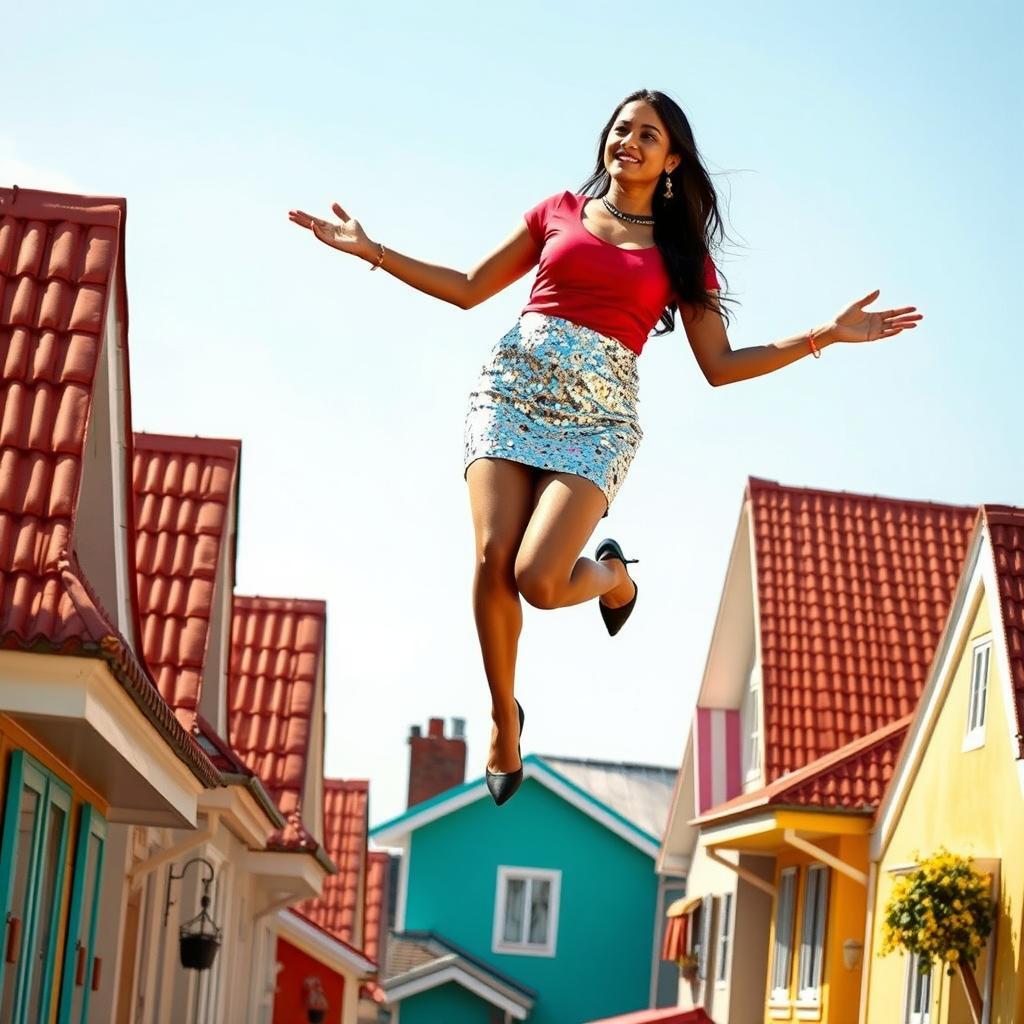 An enchanting scene depicting an Indian aunty gracefully levitating above a row of houses