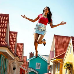 An enchanting scene depicting an Indian aunty gracefully levitating above a row of houses