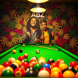 A vibrant billiards scene featuring a classic green felt pool table filled with colorful billiard balls and cues, prominently displaying the ABZ logo