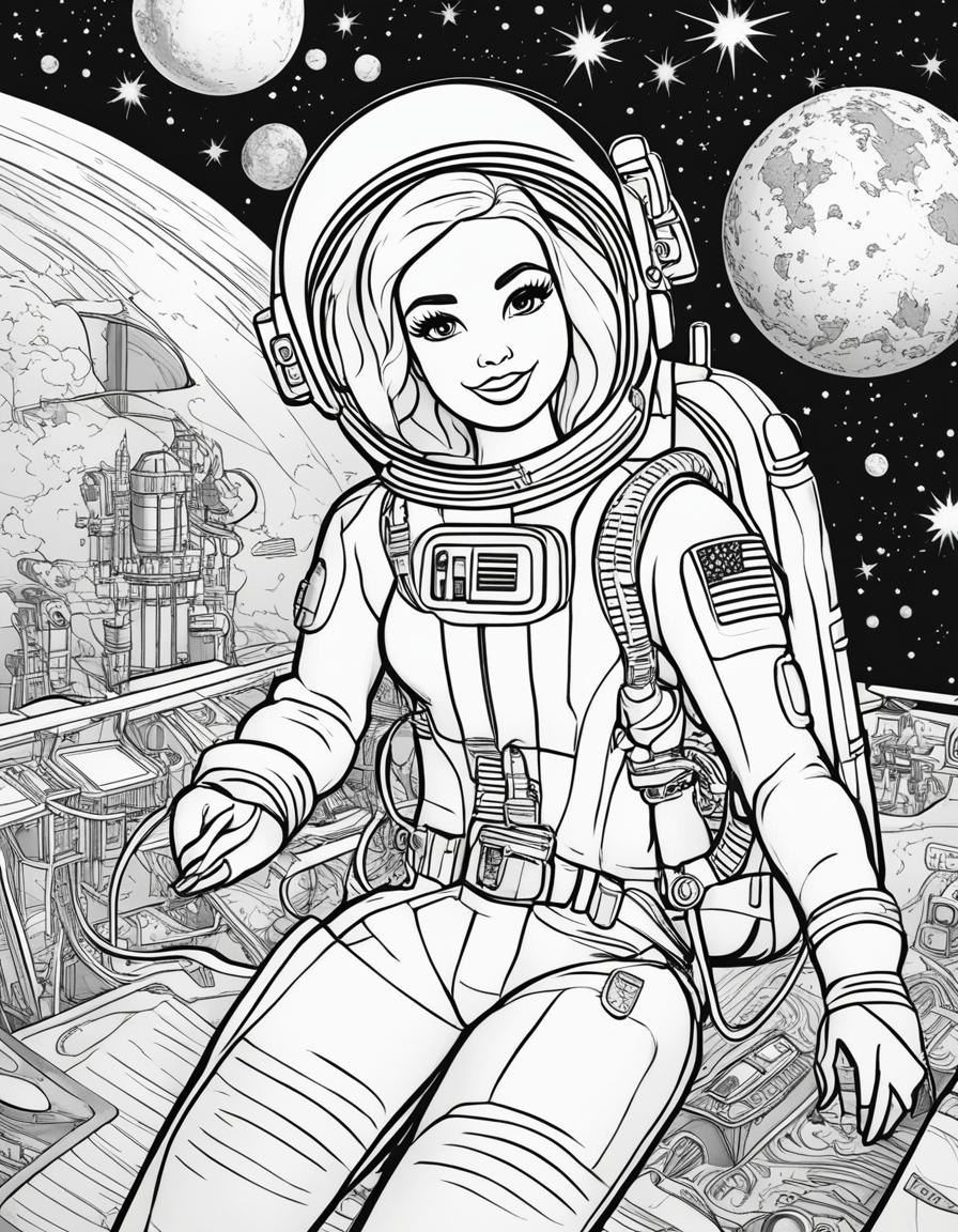 Black and white colouring book page featuring Barbie as an astronaut in a space setting.