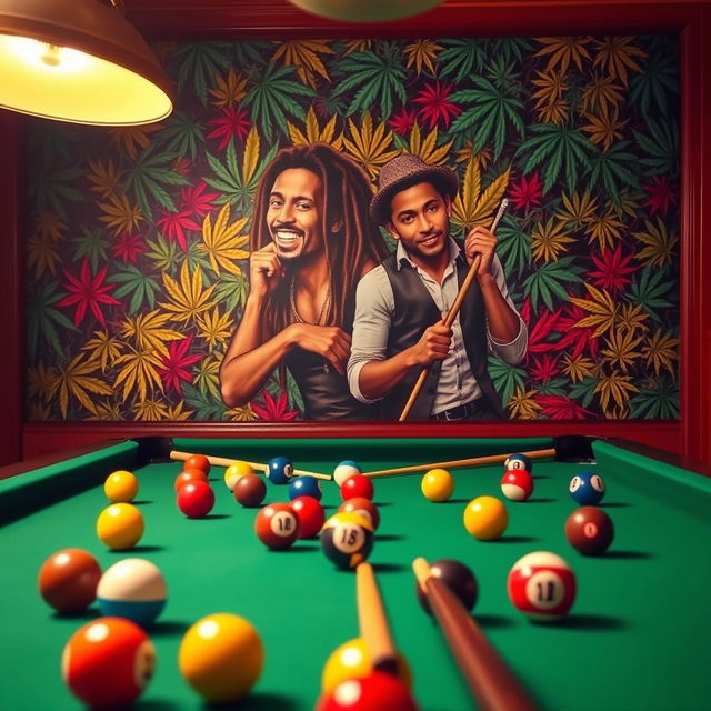 A vibrant billiards scene featuring a classic green felt pool table filled with colorful billiard balls and cues, prominently displaying the ABZ logo