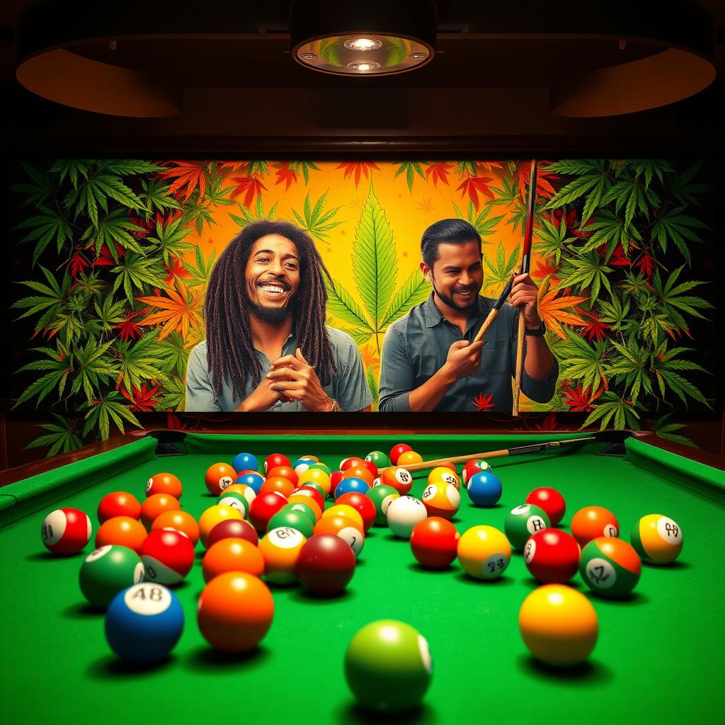 A vibrant billiards scene featuring a classic green felt pool table filled with colorful billiard balls and cues, prominently displaying the ABZ logo