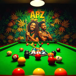 A vibrant billiards scene featuring a classic green felt pool table filled with colorful billiard balls and cues, prominently displaying the ABZ logo
