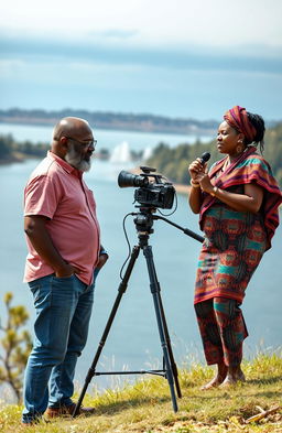 A middle-aged Black man with a beard and spectacles is set against a picturesque backdrop of a serene lake