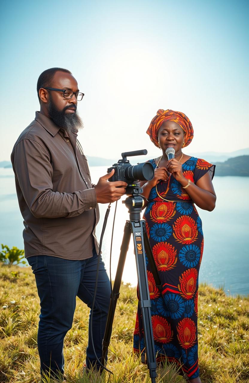 A middle-aged Black man with a beard and spectacles is set against a picturesque backdrop of a serene lake