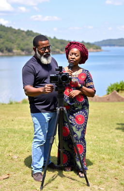 A middle-aged Black man with a beard and spectacles is set against a picturesque backdrop of a serene lake