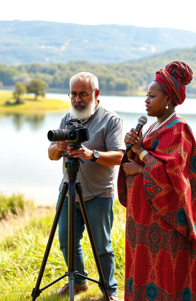 A middle-aged Black man with a beard and spectacles is set against a picturesque backdrop of a serene lake