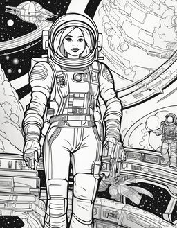 Black and white colouring book page featuring Barbie as an astronaut in a space setting.