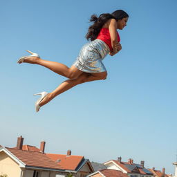 A stunning side view of an Indian aunty gracefully levitating above a neighborhood of houses