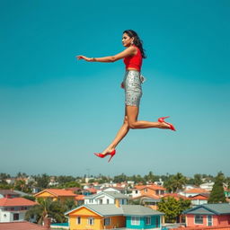 A stunning side view of an Indian aunty gracefully levitating above a neighborhood of houses